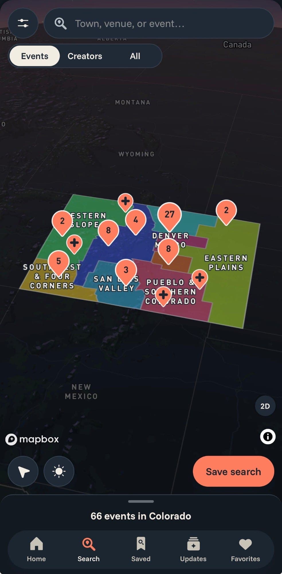 The Colorado Creators map on a phone: Colorado split into colored regions, each with a count of upcoming events, under a search box and an Events, Creators, All switch.